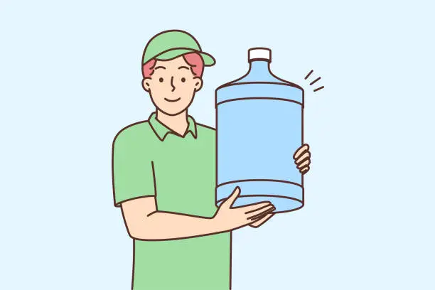 Vector illustration of Man works as water delivery man holding large water cooler bottle in hands