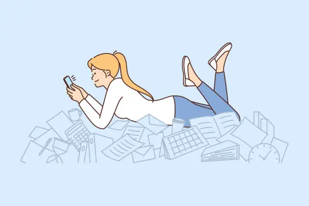 Vector illustration of Procrastination woman with phone lies on documents and stationery oblivious to mess