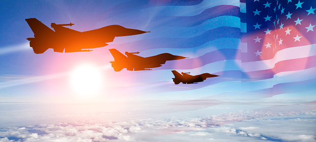 Group of aircraft fighter jet airplane. USA flag. Air force day. 3d illustration