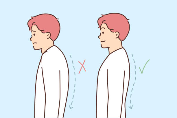 Man with correct and incorrect posture or hidden spine that negatively affects health Man demonstrates correct and incorrect posture or hidden spine that negatively affects health. Tick and cross next to posture of guy suffering from osteochondrosis after injury kyphosis stock illustrations