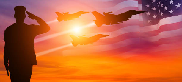 항공기 전투기 제트 비행기의 그룹입니다. 미국 국기입니다. 공군의 날. 3d 그림 - air force one 뉴스 사진 이미지