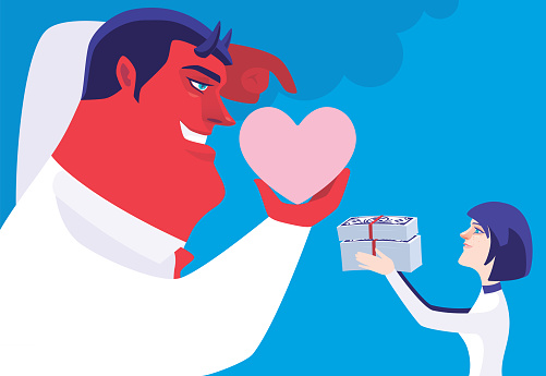 vector illustration of woman trying to buy love from evil businessman