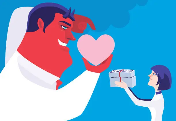 Vector illustration of woman trying to buy love from evil businessman