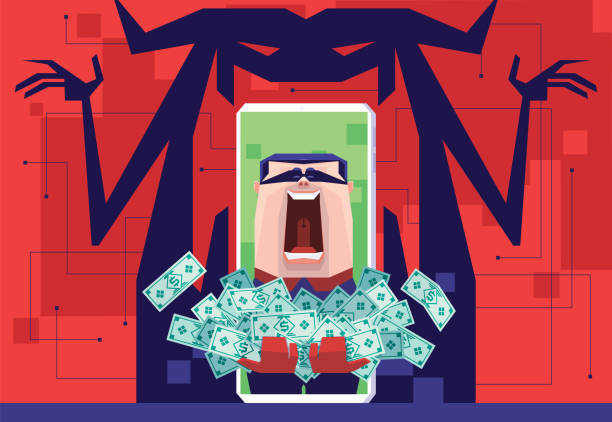 hacker holding pile of money banknotes and cheering on smartphone with monster shadow - ilustração de arte vetorial