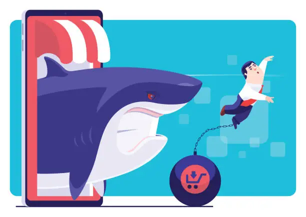 Vector illustration of businessman shackled with chains and ball with shark following on smartphone