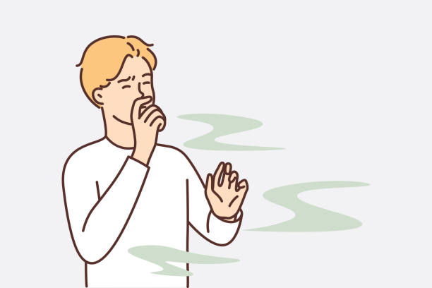 ilustraciones, imágenes clip art, dibujos animados e iconos de stock de el hombre se cubre la nariz para no oler el olor desagradable de la producción dañina - vile