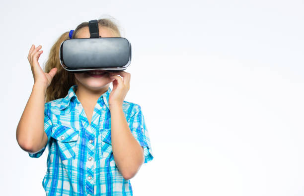 istock Virtual reality concept. Girl cute child with head mounted display on white background. Small kid use modern technology virtual reality. Virtual education for school pupil. Get virtual experience 1468176392