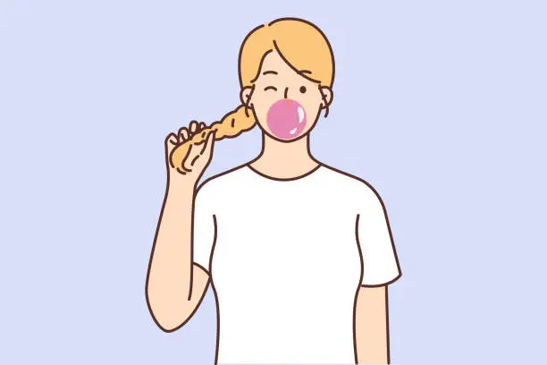 Vector illustration of Teenage girl holds on to pigtail and blows huge bubble of fruit-flavored chewing gum