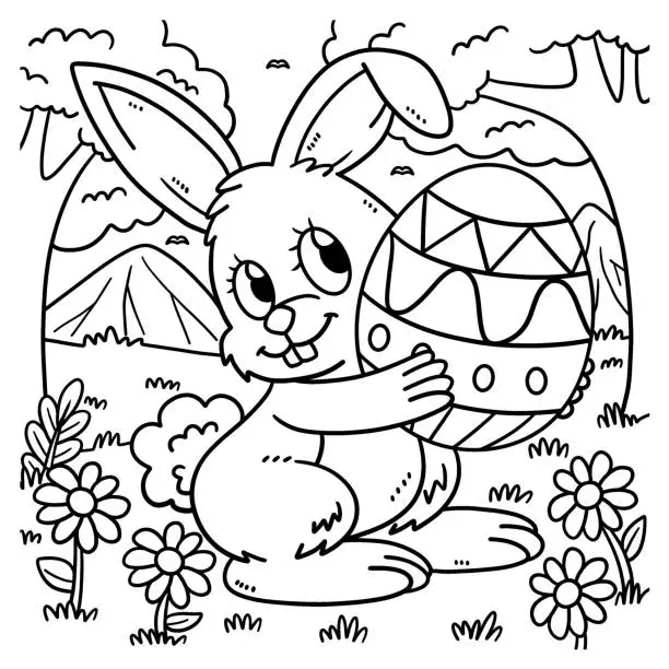 Vector illustration of Bunny Carrying Easter Egg Coloring Page for Kids