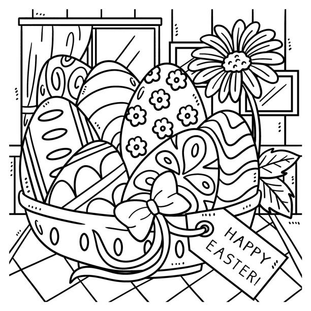 illustrazioni stock, clip art, cartoni animati e icone di tendenza di buon cesto di uova di pasqua da colorare per bambini - easter traditional culture backgrounds basket