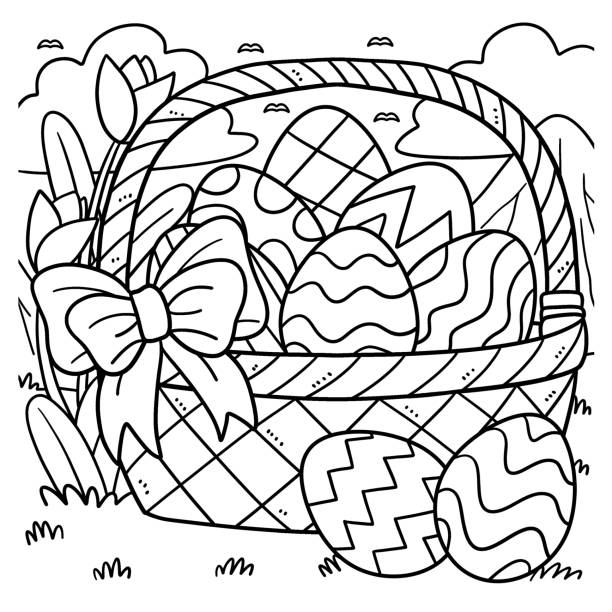 illustrazioni stock, clip art, cartoni animati e icone di tendenza di disegno di cesto di uova di pasqua da colorare per bambini - easter traditional culture backgrounds basket