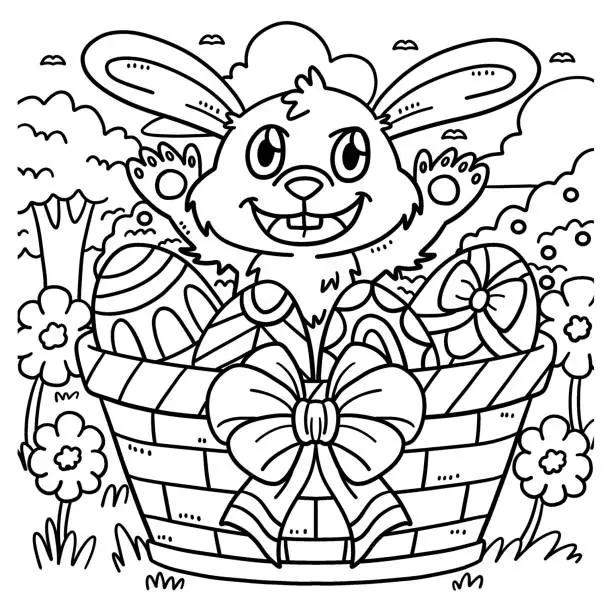 Vector illustration of Bunny Easter Eggs in the Basket Coloring Page