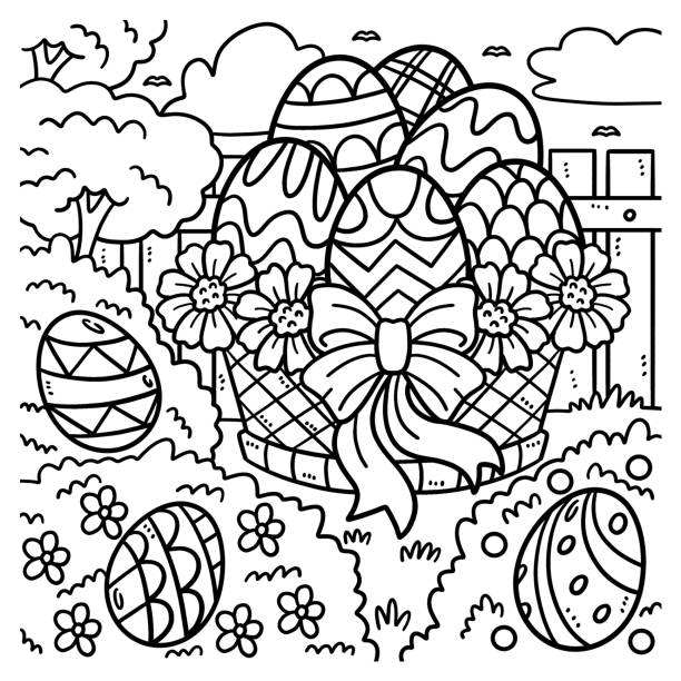 illustrazioni stock, clip art, cartoni animati e icone di tendenza di disegno di cesto di uova di pasqua da colorare per bambini - easter traditional culture backgrounds basket