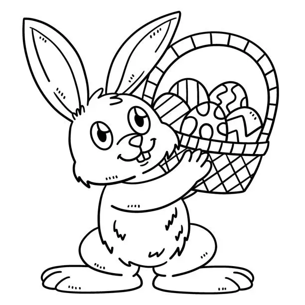 Vector illustration of Bunny and Basket of Easter Eggs Isolated Coloring