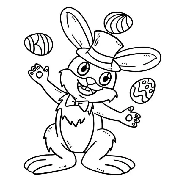 Vector illustration of Bunny Juggling Easter Eggs Isolated Coloring Page