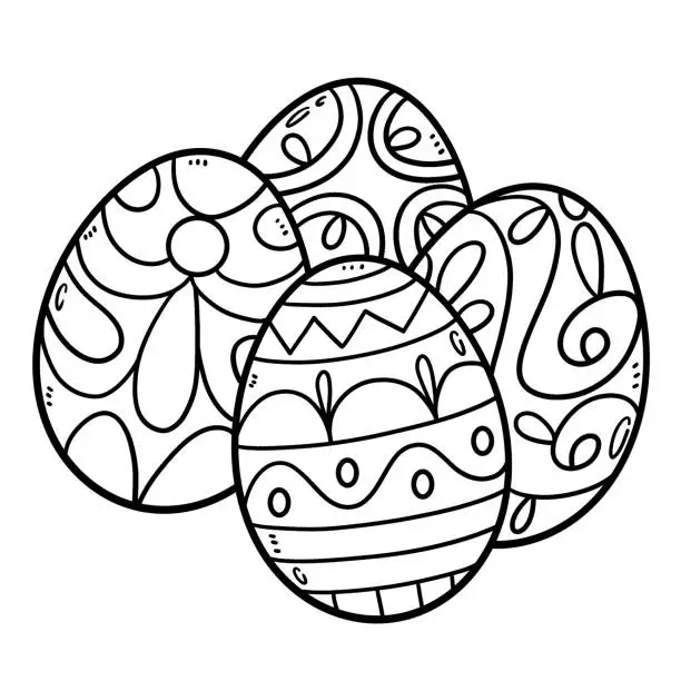 Vector illustration of Four Easter Eggs Isolated Coloring Page for Kids