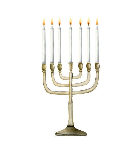 istock Watercolor ancient menorah with seven burning candles, ritual Jewish candlestick for Passover holiday on white 1468177205
