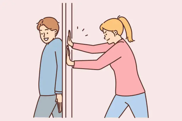 Vector illustration of Positive man hides behind door preventing girlfriend from passing or arranging prank