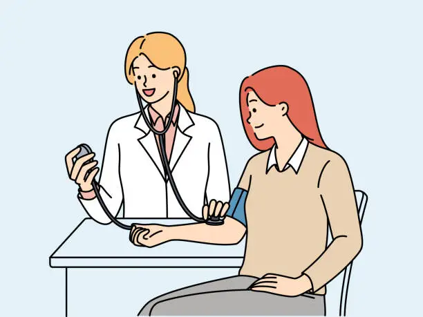 Vector illustration of Woman undergoes medical examination at doctor using device for measuring pressure