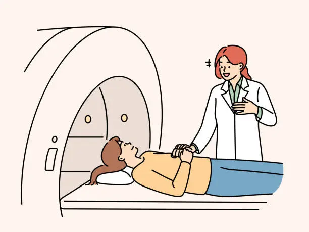 Vector illustration of Professional woman doctor prepares patient for tomography procedure in clinic