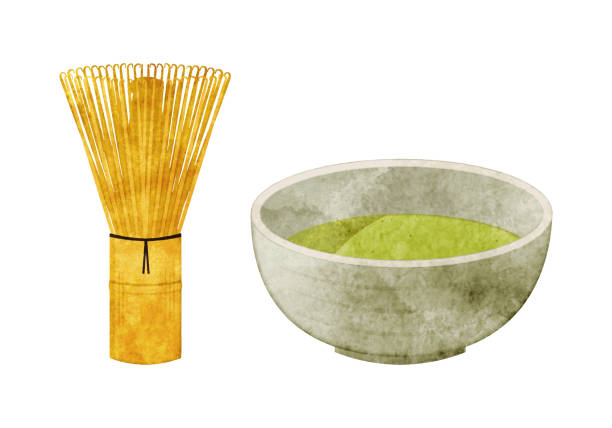 ilustraciones, imágenes clip art, dibujos animados e iconos de stock de ilustración de té verde matcha y batidor de té en estilo acuarela dibujado a mano - green tea illustrations