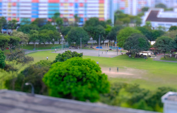 tilt-shift-objektivfotografie; miniatureffekt. luftaufnahme des öffentlichen parks in hdb heartland estate singapur; selektiver fokus - tilt shift lens stock-fotos und bilder