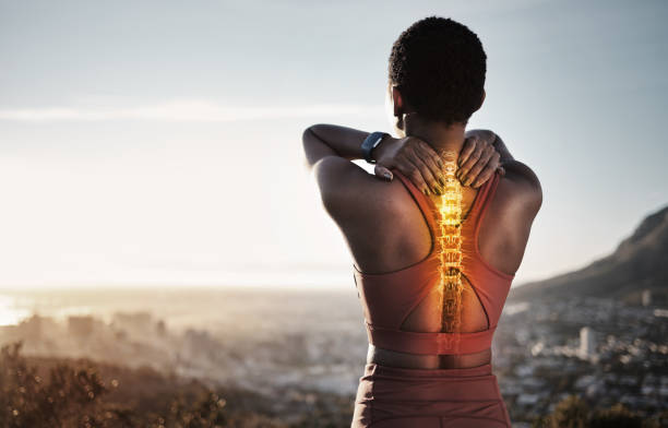 spine injury, skeleton and back pain of fitness woman on mountains with sky background for sports exercise. athlete, backache and red body bones for first aid emergency, joint pain and muscle anatomy - spinal imagens e fotografias de stock