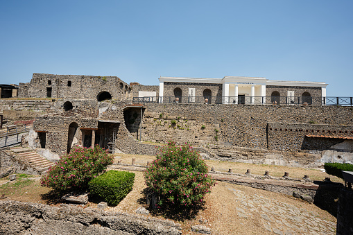 Archaeological ruin of ancient Roman city Pompeii, was destroyed by eruption of Vesuvius, volcano nearby city in Pompeii, Campania region, Italy.