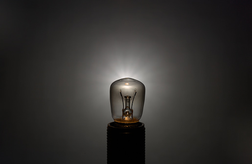 Small 220-volt incandescent bulb against a dark grey background
