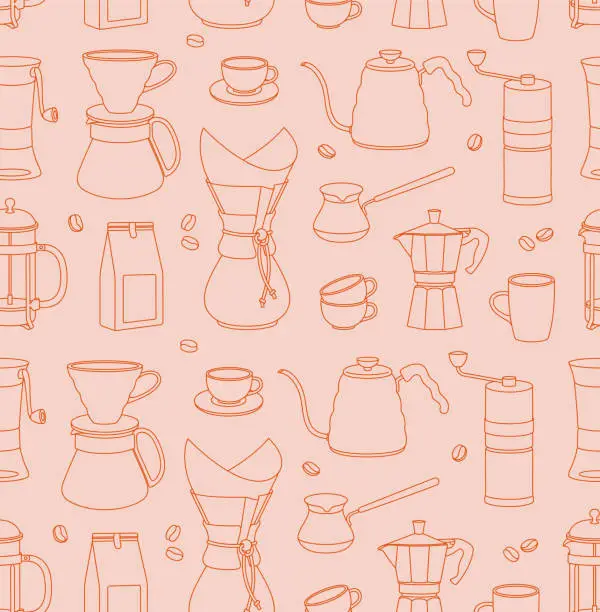 Vector illustration of Seamless pattern of coffee equipment and tools for brewing coffee.