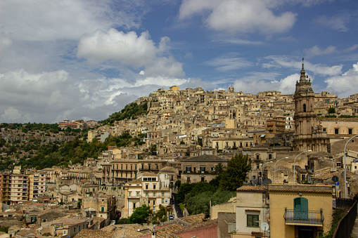 Modica city on Hyblaean mountainside, Ragusa province, Sicily, Italy.