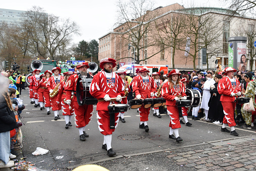 Duesseldorf, Germany, February 20, 2023 - Traditional Rose Monday Carnival float (Rose Monday Parade) in Duesseldorf old town.