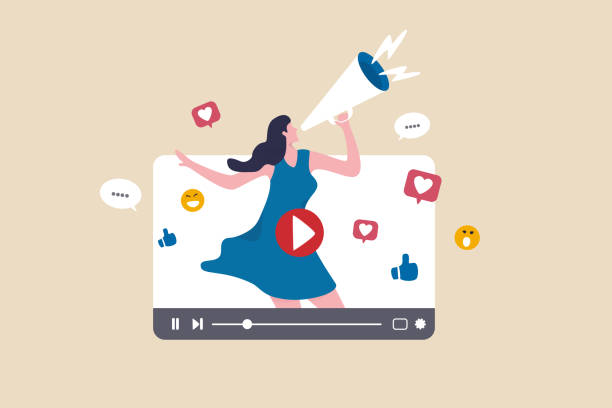 Video marketing, live stream or media clip to promote brand, influencer advertising, content marketing or online digital campaign concept, beauty confidence woman with megaphone on video media player. vector art illustration