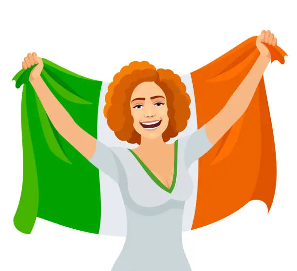 Vector illustration of Attractive woman shows flag of Ireland. Love Ireland concept.