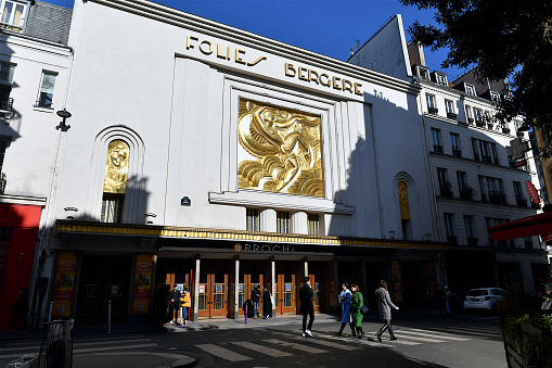 Paris, France-02 20 2023:The Folies Bergère is a cabaret music hall, located in Paris in the 9th Arrondissement, the Folies Bergère was built as an opera house by the architect Plumeret. It opened in 1869 as the Folies Trévise.