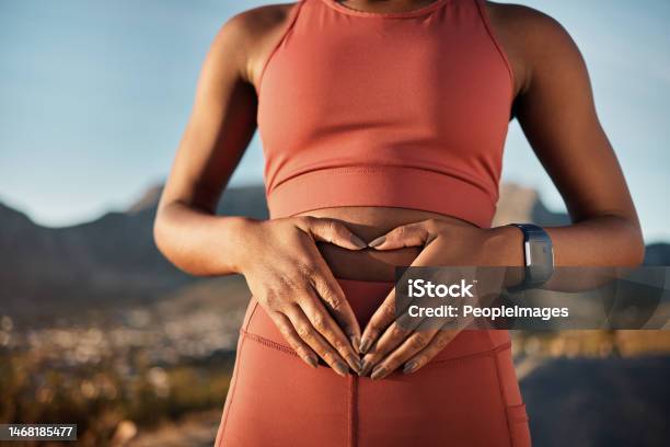 Woman Nature Fitness Or Hands On Stomach In Diet Wellness Body Healthcare Or Abs Muscle Growth In Workout Training Or Sunrise Exercise Zoom Sports Athlete Or Person Belly Digestion Or Strong Gut Stock Photo - Download Image Now