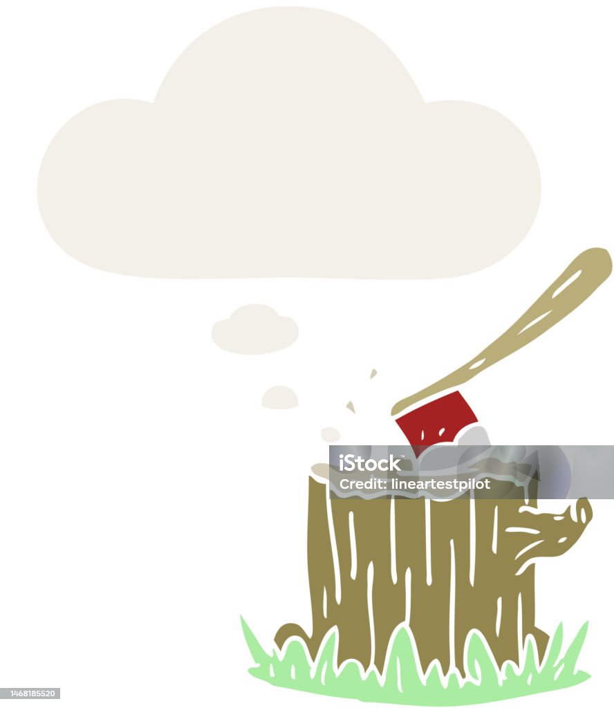 Kreskówkowy topór w pniu drzewa z bańką myśli w stylu retro - Grafika wektorowa royalty-free (Balon) Kreskówkowy topór w pniu drzewa z bańką myśli w stylu retro - Grafika wektorowa royalty-free (Balon)