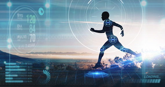 Hologram, running and athlete outdoor, health and wellness for exercise, healthy lifestyle or track heart rate. Male, sports or runner with digital sports, motivation for marathon or fitness training