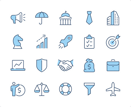 Business icons set #55

Specification: 20 icons, 64×64 pх, EDITABLE stroke weight! Current stroke 2 px.

Features: Pixel Perfect, Dichromatic style.

First row of  icons contains:
Megaphone, Insurance, Government, Necktie, Office;

Second row contains: 
Chess Knight, Graph Up, Rocket, Checklist, Target;

Third row contains: 
Laptop, Shield, Handshake, Money Bag, Briefcase;

Fourth row contains: 
Dollar Sign, Comparison, Buoy, Funnel, Airplane. 

Check out the complete duocolor Prolinico Blue collection — https://www.istockphoto.com/collaboration/boards/_a-Cj-vICEGsbZqV9B7k2w
