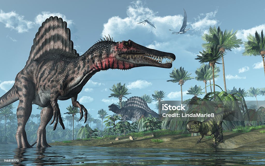 Prehistoric scene with Spinosaurus and Psittacosaurus Dinosaurs A tropical prehistoric scene with several dinosaurs, including two spinosauruses, a psittacosaurus and two dorygnathuses in flight. 3D render Spinosaurus Stock Photo