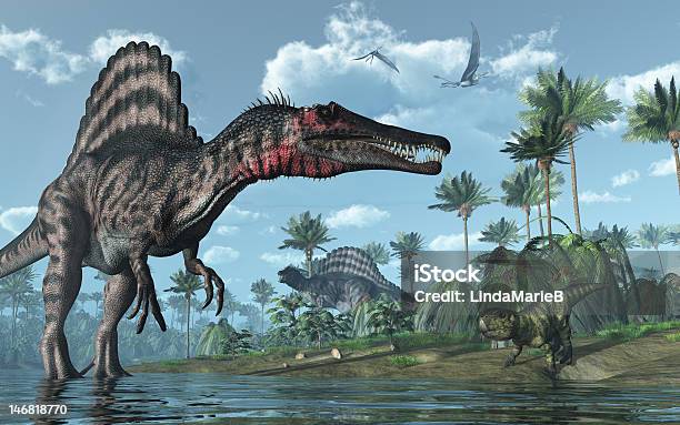 Prehistoric Scene With Spinosaurus And Psittacosaurus Dinosaurs Stock Photo - Download Image Now
