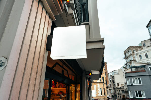 istock Blank store signboard design mockup in the street 1468188578