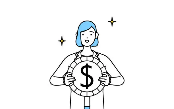 Vector illustration of A woman doctor in white coat, with images of foreign exchange gains and dollar appreciation.