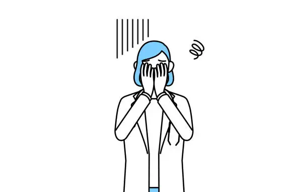 Vector illustration of A woman doctor in white coat covering her face in depression.