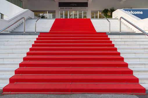 Cannes, France - February 1, 2016: Empty Red Carpet at Famous Festival Hall Louis Lumiere Cannes Festival.