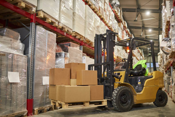 istock Background image of forklift truck in warehouse interior 1468191072