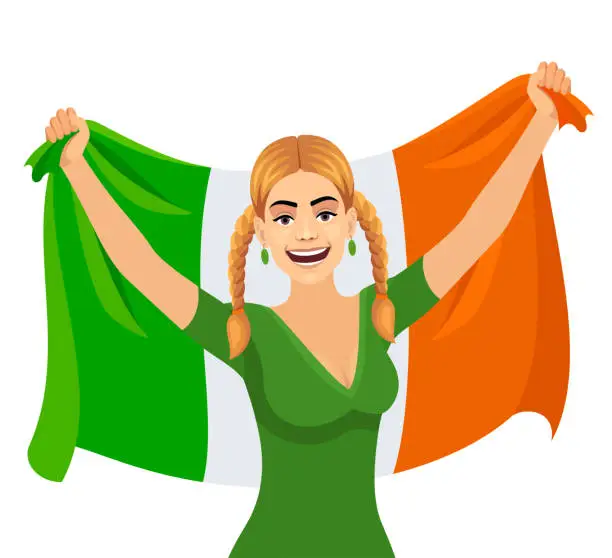 Vector illustration of Attractive woman shows flag of Ireland. Love Ireland concept.