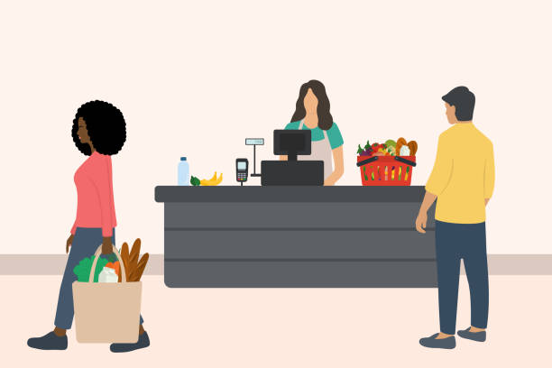 ilustrações de stock, clip art, desenhos animados e ícones de female cashier working at checkout in supermarket and male customer buying groceries. african woman carrying recycled shopping bag with fresh food - supermarket sales clerk grocer apron