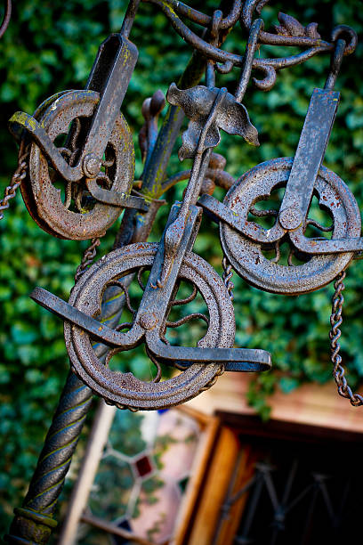 Rusty pulley system stock photo