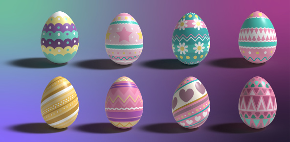 Colorful collection of Easter eggs with shadow isolated on colourful background. Vector illustration